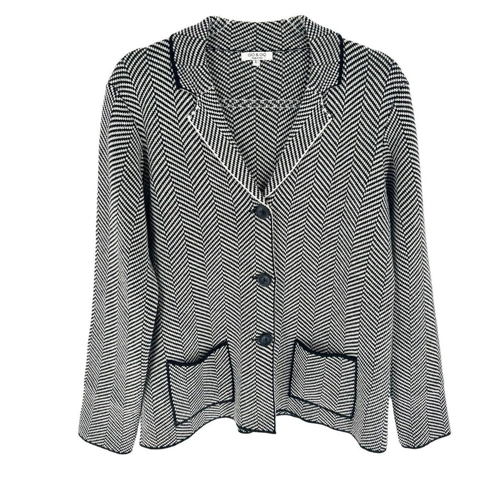 Gio & Gio Italy Sweater Blazer Black White Wool Blend Geometric Herringbone